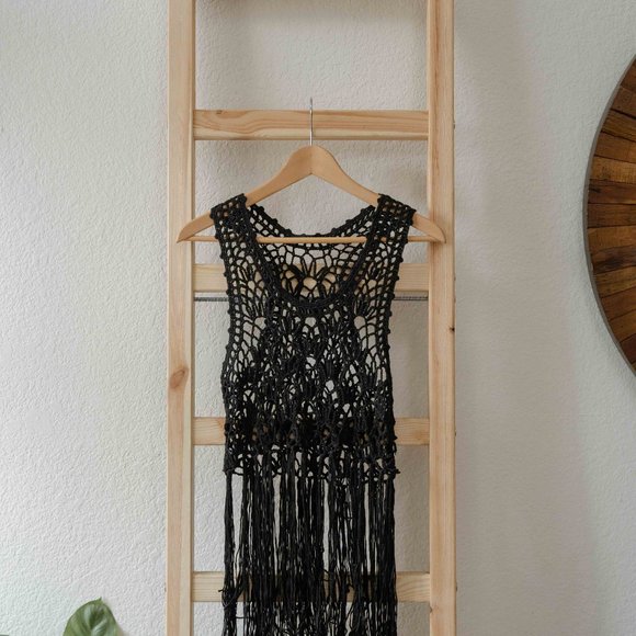 Black Crocheted Cropped Shirt Top with Tassels - Picture 1 of 3